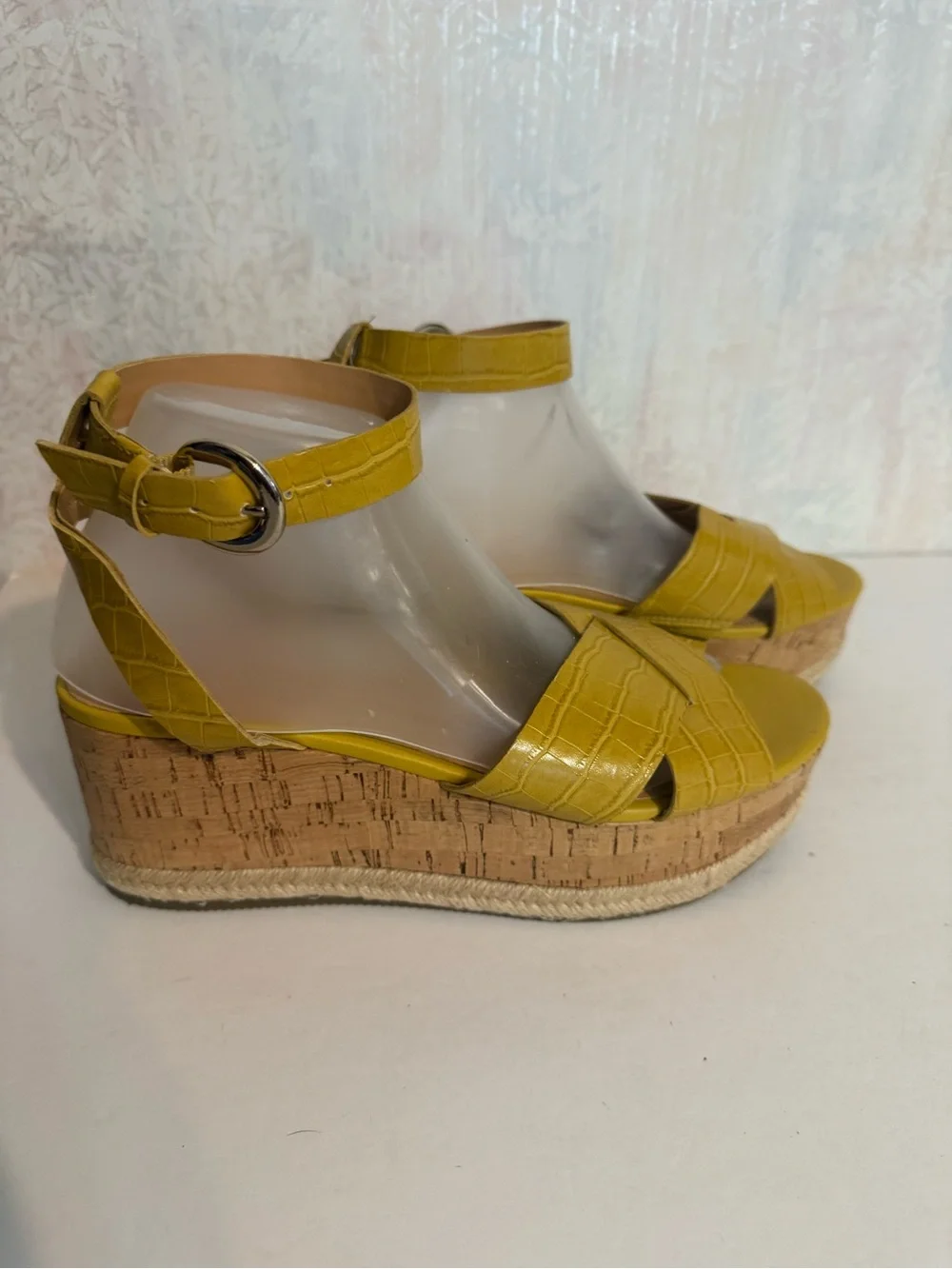 Marc Fisher Mustard Yellow Faux Croc Embossed Leather Cork Platform Wedge Sandal